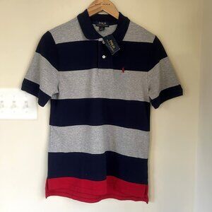 NWT Polo Ralph Lauren Striped Cotton Polo Shirt, Gray/Navy/Red, Size XL (14-16)